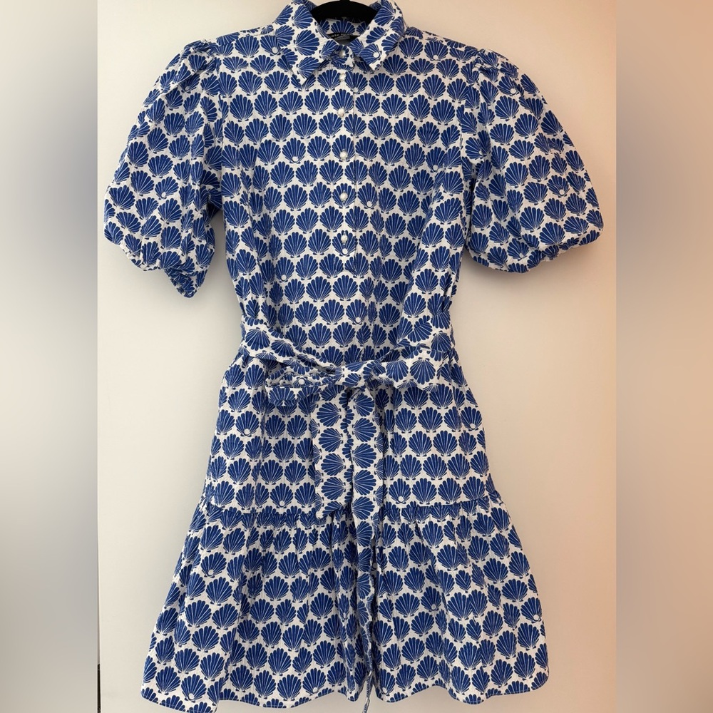 Kate Spade New York Blue Shell Print Puff Sleeve Dress Size S